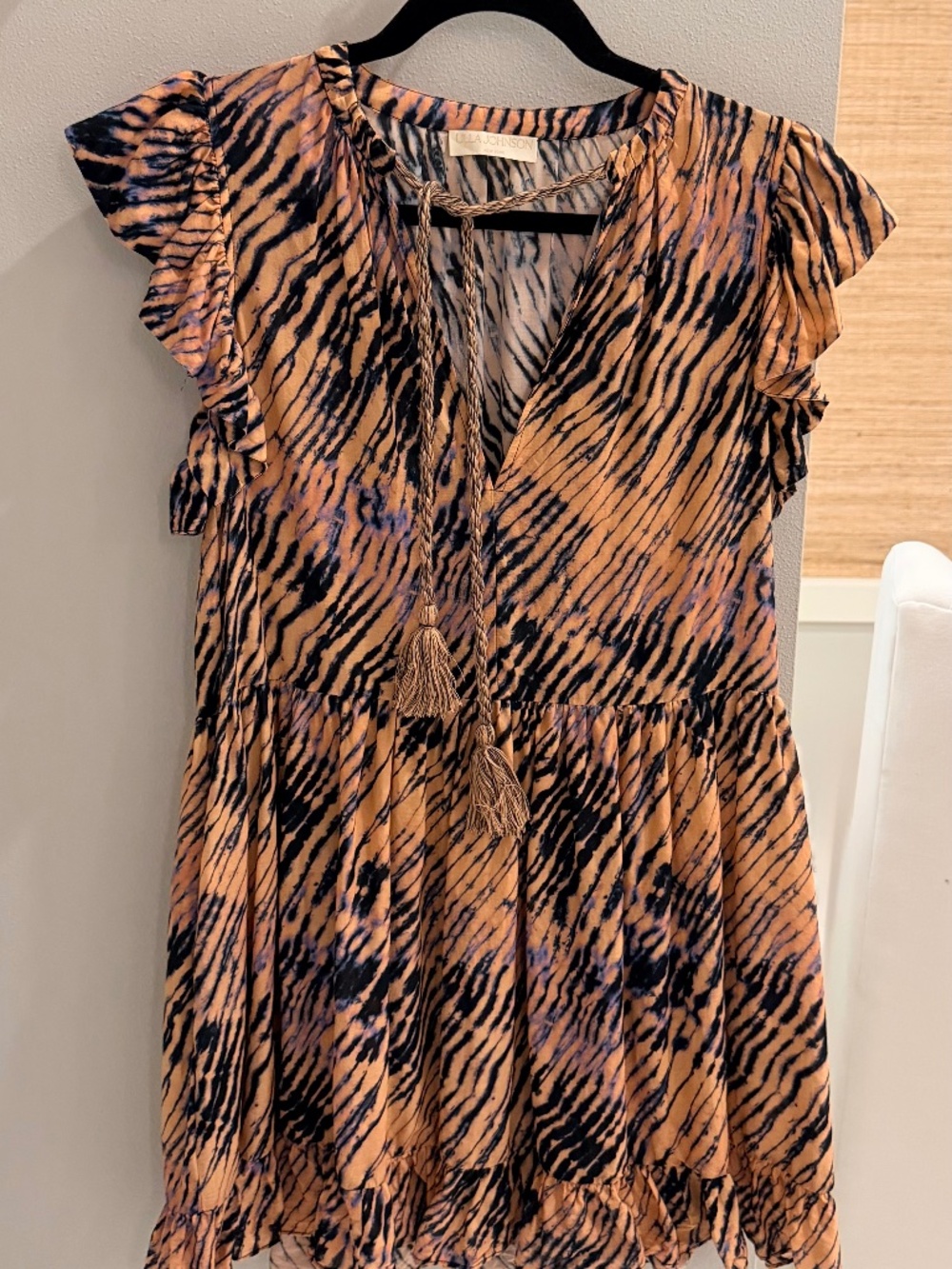 Ulla Johnson Tiger Print Ruffle Mini Dress NWOT Orange Black Boho.
